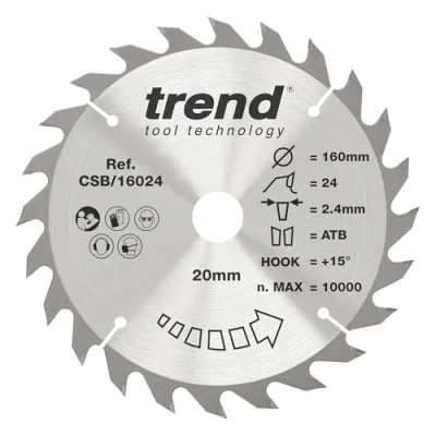 Image of Trend Wood Circular Saw Blade, 160mm Diameter, 20mm Bore, 24 Teeth, TCT, 2.4mm Kerf, +15 Hook, CSB/16024