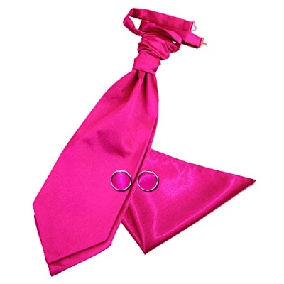 Image of DQT Men Plain Satin Wedding Scrunchie Pre Tied Cravat, Pocket Square &amp; Cufflinks Hot Pink