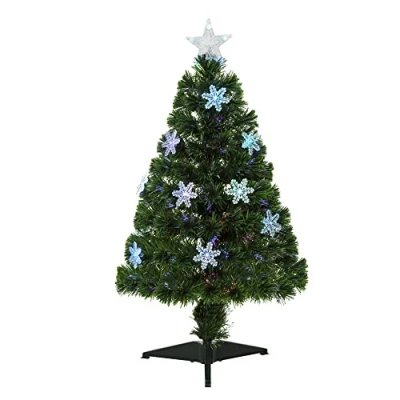 Image of HOMCOM 3FT Green Fibre Optic Artificial Christmas Tree Xmas Colourful LED Scattered with Snowflakes Ornaments Fireproofing