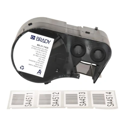 Image of Brady Polypropylene Pre Sized Labels for Label Printer BMP51/BMP53/M511 250 Self Adhesive Black on White (38,10 mm (W) x 25,40 (H)) M5 31 7425