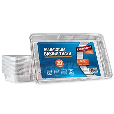 Image of Aluminium Foil Trays Containers for Baking Cooking Freezing and Storing Tray Size 32cm x 20cm 3.3cm (20 Pack)