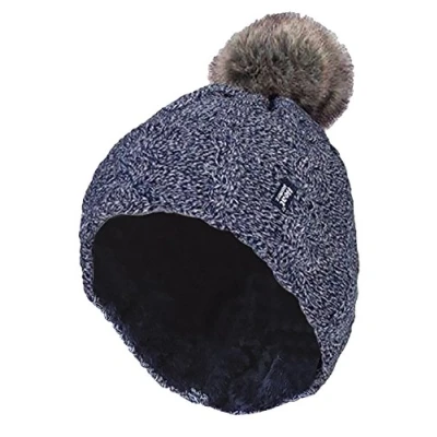 Image of HEAT HOLDERS Ladies Warm Knit Fleece Lined Cuffed Thermal Winter Bobble Hat with Pom (One Size, Blue)