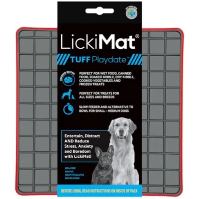 Image of LICKIMAT Tuff, Heavy Duty Playdate, Dog Slow Feeder Lick Mat, Boredom Anxiety Reducer; Perfect for Food, Treats, Yogurt, or Peanut Butter, Fun Alternative to a Feed Bowl, Red