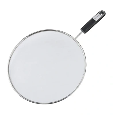 Image of Fackelmann SENSE Splatter Screen 29cm, Cooking Guard for Frying Pan, Grease Splash Guard, Soft Grip Non Slip Handle, Stainless Steel Extra Fine Mesh, 45x29x3cm, Silver &amp; Black