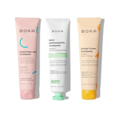 Image of Boka Fluoride Free Toothpaste Nano Hydroxyapatite, Helps Remineralize, Appropriate for Sensitive Teeth, Whitening Adult, Kids Oral Care Ela Mint, Orange Cream, Watermelon Mint Flavor, 3pk