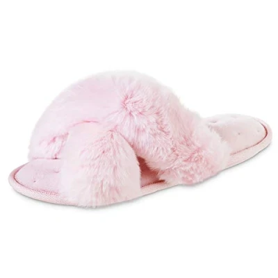 Image of Isotoner Women&#039;s Fuzzy Slipper, Cozy Flip Flop with a Furry Cross Band and Plush Fluffy Terry Cushion, Peony, 5.5/6 UK