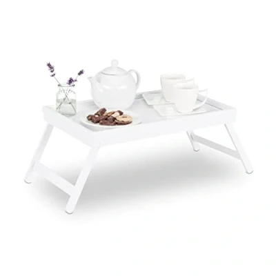 Image of Relaxdays Bamboo Bed Tray, Folding Legs, Raised Edge, For Breakfast in and Serving, HWD: 22x64x31cm, White
