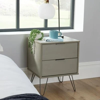 Image of Home Source Acadia Bedside Cabinet Nightstand Industrial Wooden End Side Table Storage, Pine, Grey, 2 Drawer