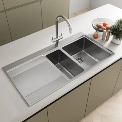 Image of Sauber 1000 x 520mm Stainless Steel Kitchen Sink 1.5 Bowl Inset Drop in Installation, Left Hand Drainer, 18/8 Grade Sinks, Free Strainer Waste