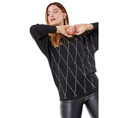 Image of Roman Originals Batwing Sleeve Embellished Jumper for Women UK Ladies Everyday Holiday Autumn Winter Long Comfy Soft Evening Vacation Work Party Black Size 12
