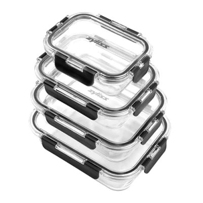 Image of Zyliss E981067 4 Piece Glass Container Set, Shatterproof Glass, Airtight Food Storage Boxes with Sealable Lid, Microwave Safe, BPA Free, Freezer Fridge Storage,