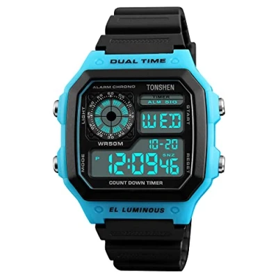 Image of TONSHEN Sport Digital Watch for Men Outdoor Military 50M Waterproof LED Electronic Double Time Multifunction Stopwatch Alarm Countdown Rectangular Plastic Watches with Rubber Band (Blue)