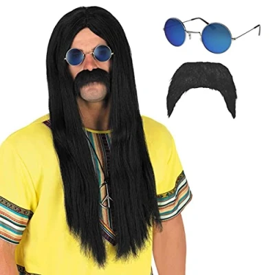 Image of Fun Shack Long Black Wig Men, Hippy Wigs for Fancy Dress, 60s 70s Men One Size