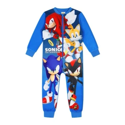Image of Sonic THE HEDGEHOG Boys Fleece Sleepsuit Tails Knuckles Shadow Kids Onesie (3 4 Years) Blue