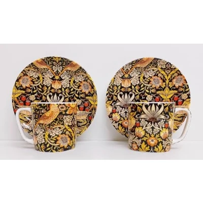 Image of Rainbow Decors William Morris Strawberry Thief Black &amp; Yellow Espresso 2 Cups 100ml 3.5fl oz and Saucers Fine Bone China Set Arts Crafts Nouveau Hand Decorated UK