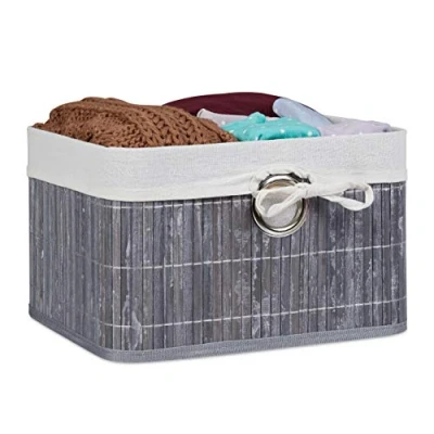 Image of Relaxdays Storage Basket, Fabric Lining, Bamboo, Rectangular, Bathroom, Accessories, Toys, Grey, HxWxD: 20x31x31 cm