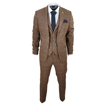 Image of Men&#039;s 3 Piece Suit Wool Tweed Herringbone Tan Brown Blue Check 1920s Gatsby Formal Dress Suits Oak 48