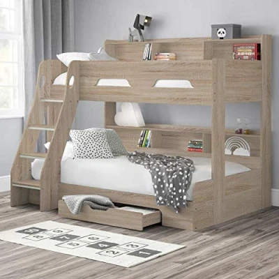 Image of happybeds Wooden Bunk Bed, Orion Oak Triple Sleeper 3ft Single Top, 4ft Small Double Bottom Storage Drawer Frame Only