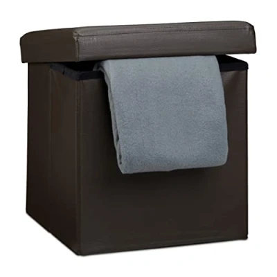 Image of Relaxdays Folding Ottoman Seat 38 x cm Sturdy Storage Chair and Practical Footstool, Faux Leather Box with Removable Lid, Brown