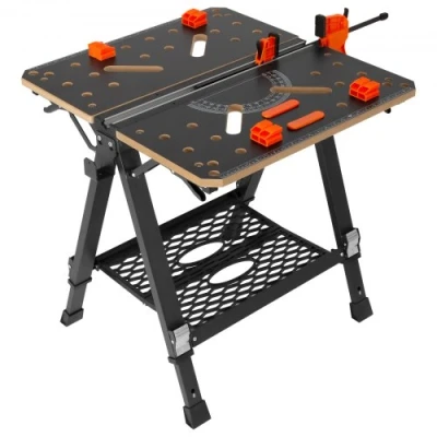 Image of VEVOR Folding Work Table, 2 in 1 as Sawhorse &amp; Workbench, 1000 lbs Capacity, 7 Adjustable Heights, Steel Legs, Portable Foldable Tool Stand with Wood Clamp, 4 Bench Dogs, Hooks, Easy Garage Storage