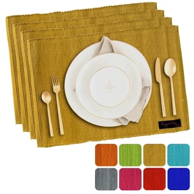 Image of Ragged Rose Set of 4 Cotton Placemats 27x37 cm Gift Wrapped Table Place Mats Ribbed Indoor &amp; Outdoor for Living Room, Dining Table, Kitchen