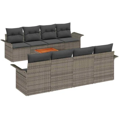 Image of vidaXL 9 Piece Garden Sofa Set with Cushions Grey Poly Rattan Acacia