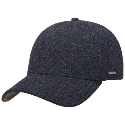 Image of Stetson Plano Wool Cap Men Baseball with Leather Bottomed Visor Men&#039;s Herringbone Design Fullcap Cotton Lining Fall/Winter Basecap Winter Black Blue XL (60 61 cm)