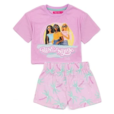 Image of Barbie Girls Pyjama Set Kids Pink Crop Top T Shirt With All Over Print Elasticated Shorts PJs Rise And Shine Doll Classic Logo Graphic Sleepwear Nightwear Merchandise Gift for Children