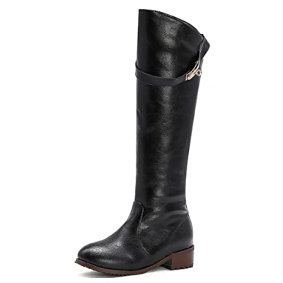 Image of REKALFO Womens soft PU Leather zipper Knee High Boot flat Winter Fashion Dress Boots black 6 UK