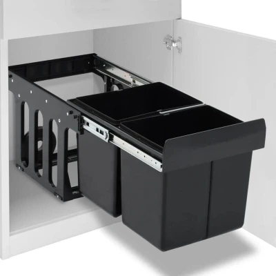 Image of vidaXL Soft Close Pull Out Kitchen Cupboard Dustbin Integrated Recycle Bin, Durable Material, 36L Total Capacity, Easy to Clean, Suitable for Any Kitchen, Black