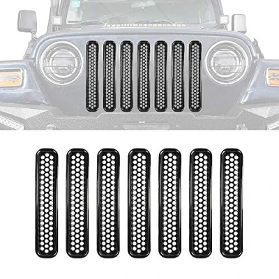 Image of HDmirrorR 1997 2006 Wrangler TJ 7Pcs Matte Black Mesh Grill Inserts Grille Guard