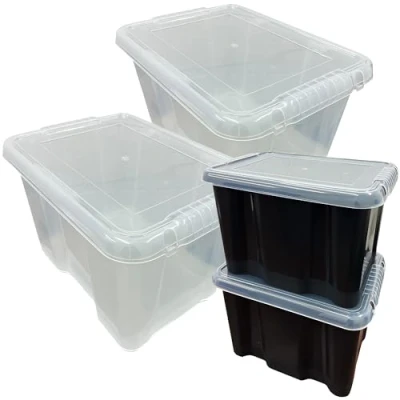 Image of STORM TRADING GROUP Clear or Black 24 Litre Plastic Stacker Box Large Storage With Lids Home Office Stackable (3 Boxes, (Clear &amp; Lid))