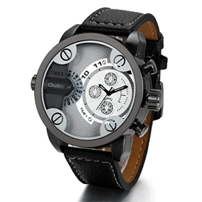Image of JewelryWe Men&#039;s Two Time Zone Business Quartz Wrist Watch Black Leather Strap Wristwatch
