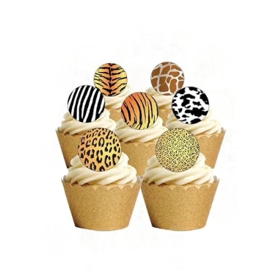 Image of 24 Precut Round Animal Print Leopard giraffe Edible Wafer paper Cake Cupcake Toppers