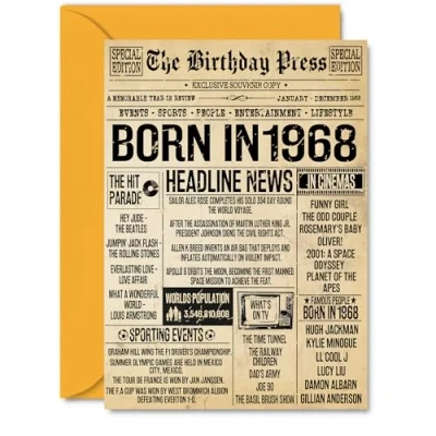 Image of 57th Birthday Card for Men Women Bday Press Newspaper 1968 Happy 57 Cards Wife Son Uncle Colleague Nanny Husband, A5 Greeting