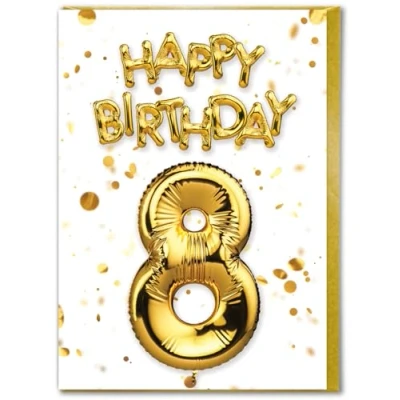 Image of Brainbox Candy 8th Birthday Card Age 8 Beautiful White Gold Foil Effect Cards For Boys Girls Children Kids