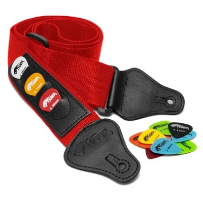 Image of Tiger Red Guitar Strap and 12 Free Picks