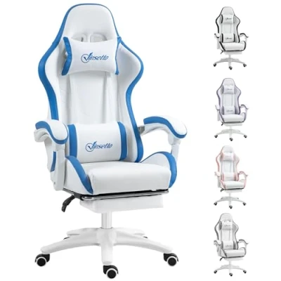 Image of Vinsetto Computer Gaming Chair, PU Leather Desk Chair with Footrest, Swivel Task 135 Reclining Back and Lumbar Support, PC for Adults, White Blue