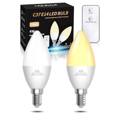 Image of Lamptobe E14 LED Light Bulb 4W with Remote, Small Screw Warm White 3000K for Night C37 SES Candle in Bulbs 2 Modes Bedroom,Baby Nursery Light, Chandeliers (Non DIM, 2PCS)