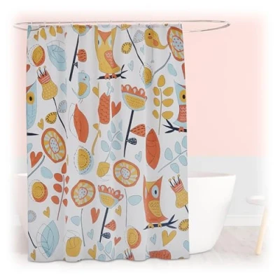 Image of Relaxdays Shower Curtain, Owl Pattern, 180 x 200 cm, Mould Resistant, Washable, 12 Rings, for Bathtub, Multicoloured