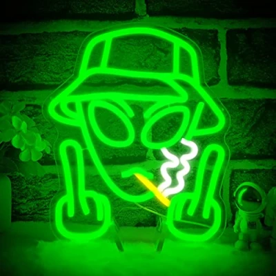 Image of OvoNinn Alien Neon Sign Green LED Signs for Wall Decor Dimmable Lights Bedroom USB Powered Light Up Man Cave Bar Party Hip Hop Home