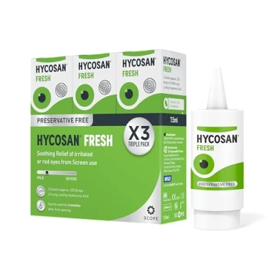 Image of Hycosan Fresh Triple Pack Eye Drops with Hyaluronic Acid for Soothing Relief of Mild Dry Eyes and Irritated or Red from Screen Use Preservative Free 3 x 225 Measured Doses