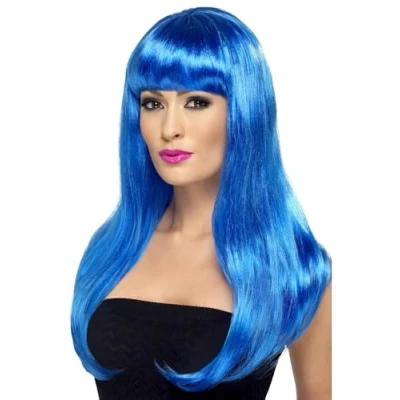 Image of Smiffys Babelicious Wig, Blue Long, Straight with Fringe, Ladies Glamour Wigs Fancy Dress, Adult Dress Up