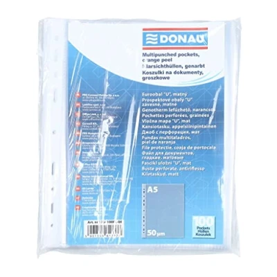 Image of Donau Document Wallets DIN A5 / Pack of 100 Grained Top Open Transparent Pockets Perforated Plastic Cover for Documents Papers/Transparent 50 Micron