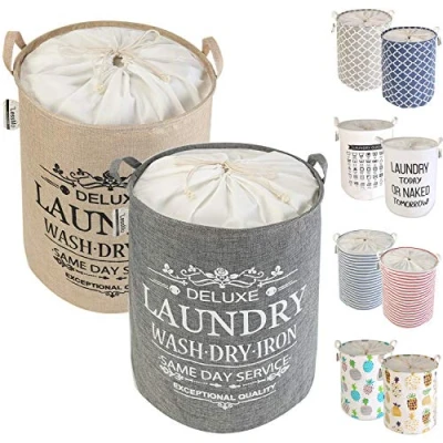 Image of LessMo 2 Pcs 19.7&quot; Laundry Basket, Foldable Basket Storage Sorter, Drawstring Waterproof Closure for Dust proof, Room, Large Cotton and Linen Fabric