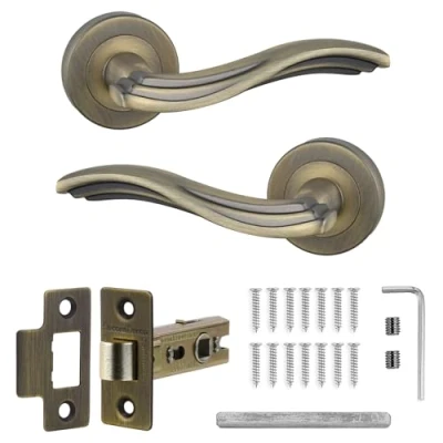 Image of Decoranddecor Solace Antique Brass Passage Aluminium Door Lever Handles Latch Kit Set