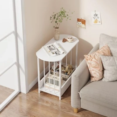 Image of Rainbow Tree 2 Tier Narrow Side Table White for Living Room，Sofa End Tables with Storage Slim Coffee Small Space Bedside (White)