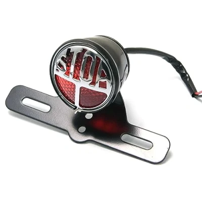 Image of Alchemy Parts Motorbike Rear Stop Tail Brake Light with Bracket Number Plate Holder Round Lamp Vintage Retro Look Red Lens
