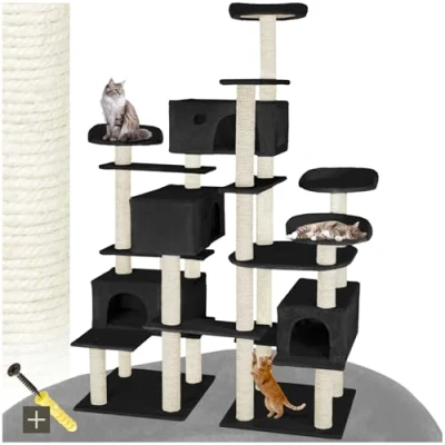 Image of tectake® Multi Level Cat Tree with Sisal Scratching Posts, 4 Perches &amp; Cosy Houses, Robust Structure 2 Sturdy Bases Anti Tip Protection 214 cm Tower for Cats Kittens Black