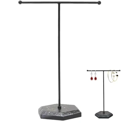 Image of JJiaoLinin Jewellery Organiser Stand, Hanging Jewelry Organizer, Metal T Bar Display Stand Rack with Marbled Base, for Necklaces, Bracelets and Rings, Earring Holder(Black)